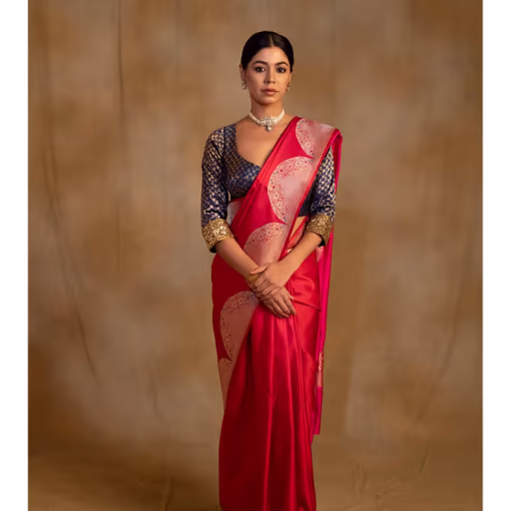 Bhagwati Red-Pink Shot Silk Mashroo Saree with Unstitched Blouse