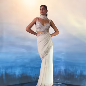 Ivory Gear Saree with Stitched Blouse and Petticoat