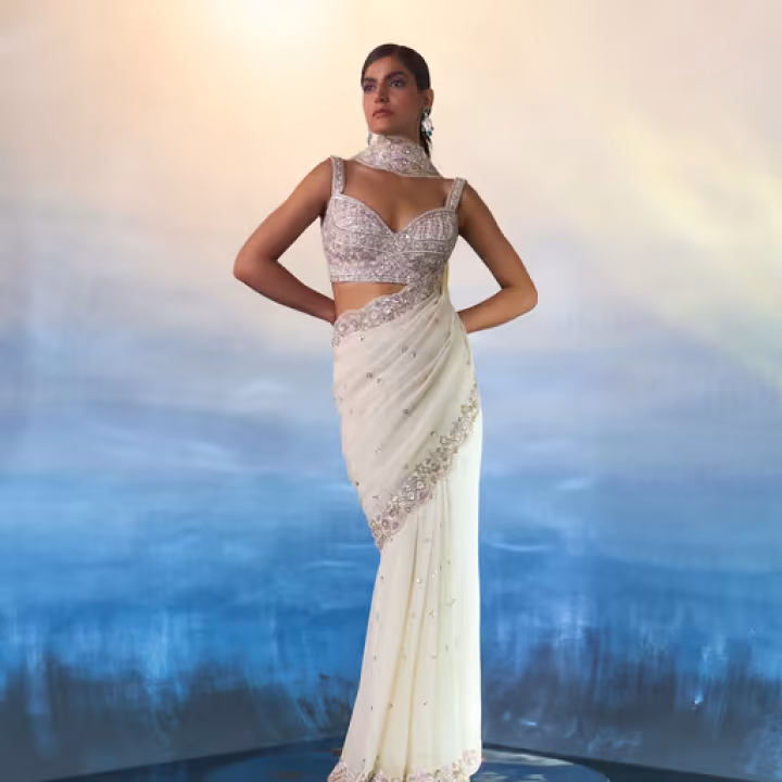 Ivory Gear Saree with Stitched Blouse and Petticoat