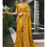 Mango Yellow Banarasi Designer Embroidered Saree and Unstitched Blouse