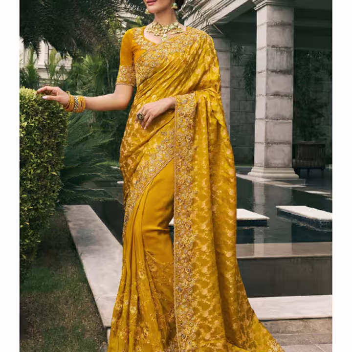 Mango Yellow Banarasi Designer Embroidered Saree and Unstitched Blouse
