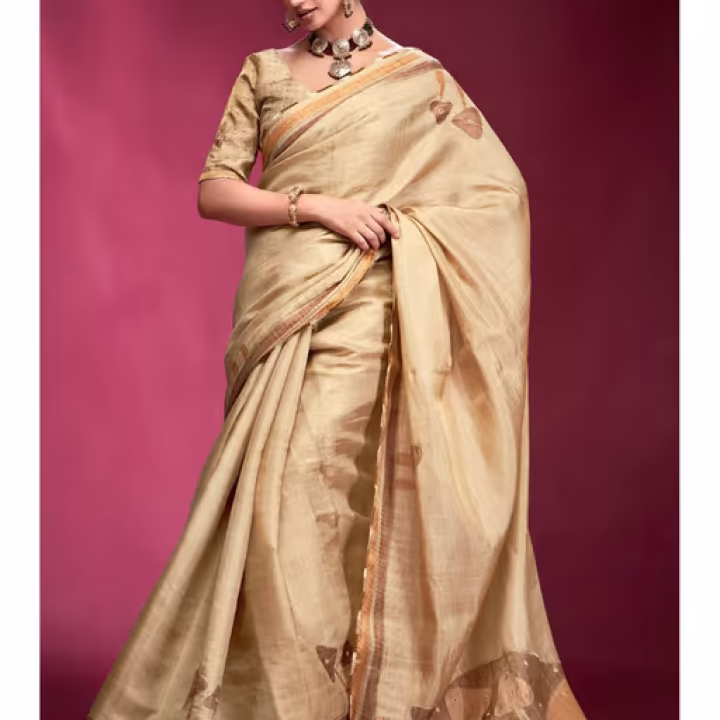 Bright Cream Woven Tussar Silk Saree with Unstitched Blouse