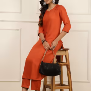 Rust Solid Kurta with Pant (Set of 2)