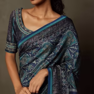 Blue Kulah Floral Saree with Unstitched Blouse (Set of 2)