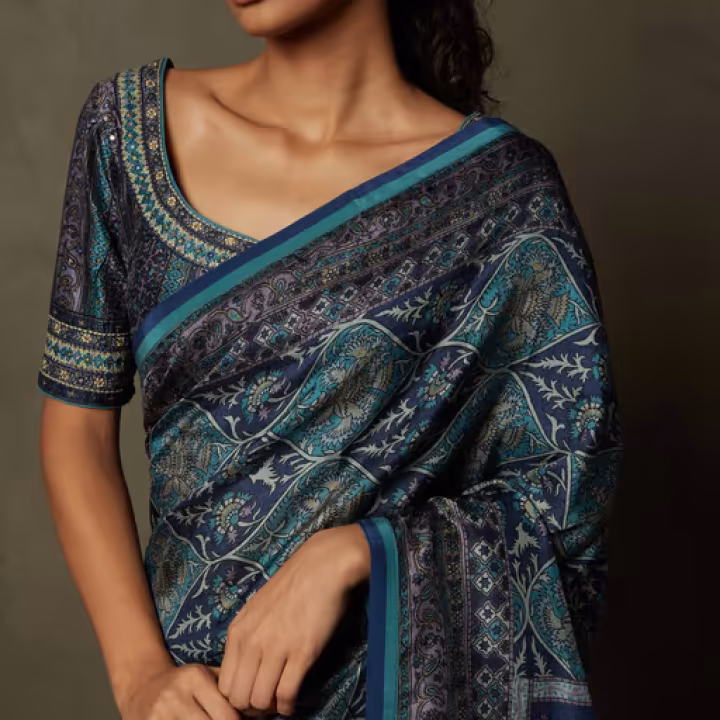 Blue Kulah Floral Saree with Unstitched Blouse (Set of 2)