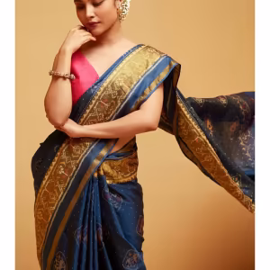 Womens Blue Printed Saree and Unstitched Blouse