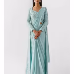 Blue Embroidered Pre Draped Saree and Jacket with Stitched