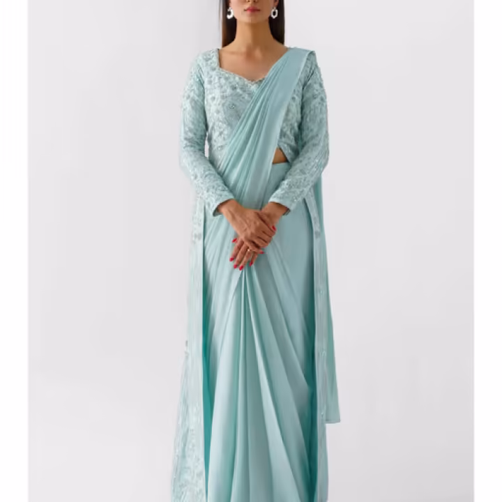 Blue Embroidered Pre Draped Saree and Jacket with Stitched