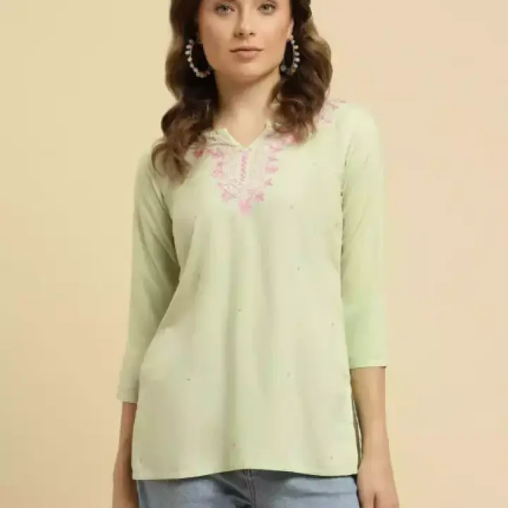 Pista Green Pashmina Work Short Kurti