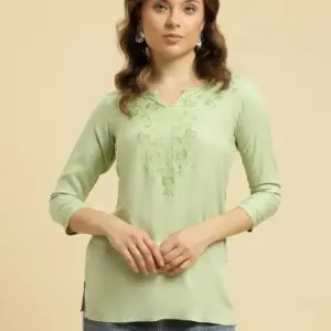 Pista Green Kashmiri Silk Work Short Kurti