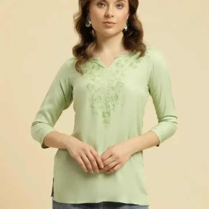Pista Green Kashmiri Silk Work Short Kurti