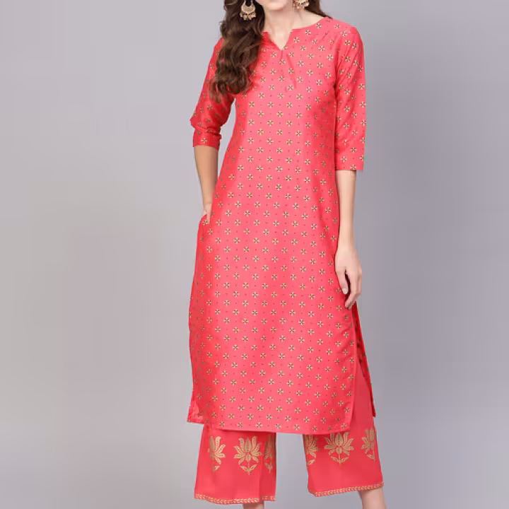 Coral Block Printed Kurta And Coral Block Printed With Pocket Palazzo (Set of 2)