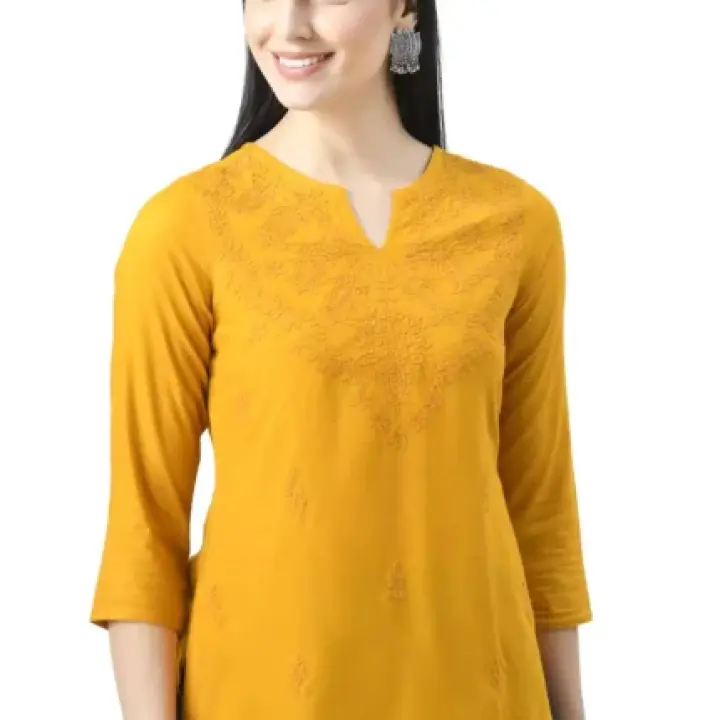 Mustard Self Chikankari Short Kurti