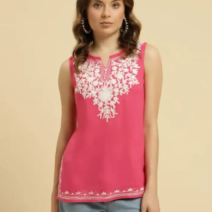 Pink Sleeveless Short Kurti