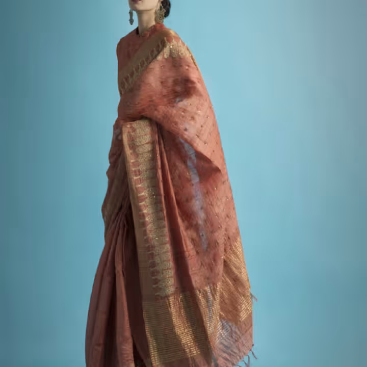 Salmon Embroidered Silk Saree With Blouse Piece