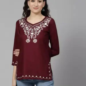Wine Colored Resham Work Short Kurti