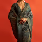 Emerald Green Embroidered Silk Saree With Unstitched Blouse